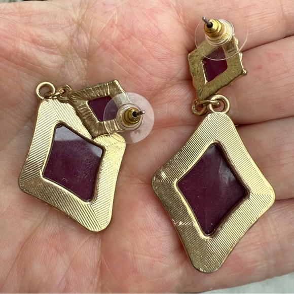 Vintage Gold and Purple Faceted Drop pierced Earrings - Picture 3 of 3